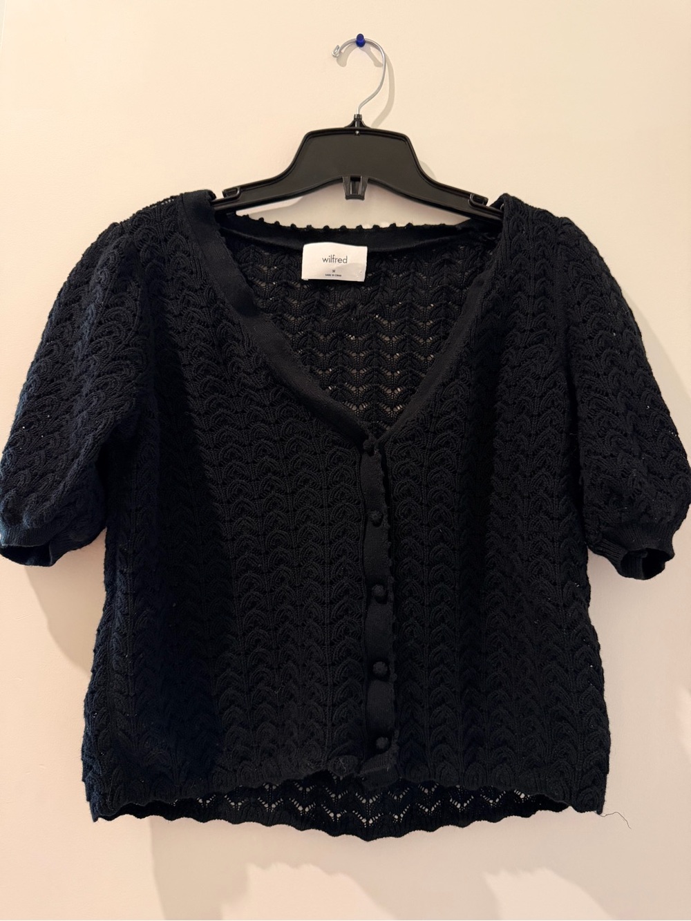 Wilfred Black Crochet Knit Button-Front Top with Puff Sleeves